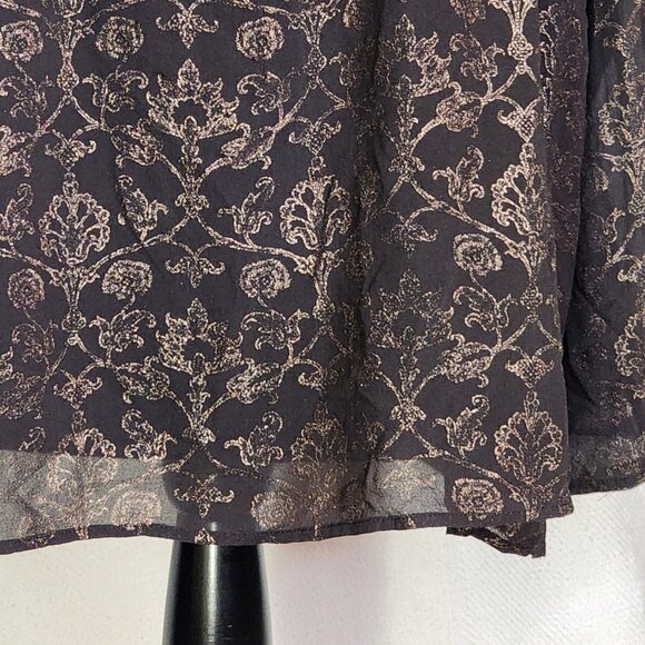 Chico's Dark Brown Gold Silk Foil Sheer Floral Print LS Blouse Chico Sz 3 US XL - Picture 4 of 16